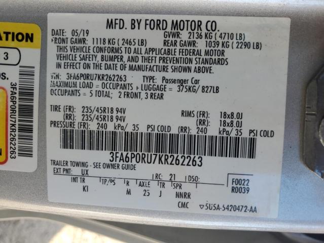 3FA6P0RU7KR262263 - 2019 FORD FUSION TITANIUM SILVER photo 13