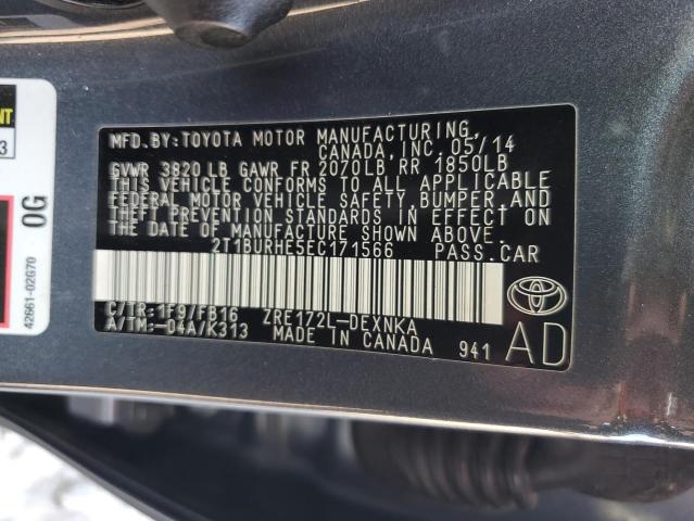 2T1BURHE5EC171566 - 2014 TOYOTA COROLLA L GRAY photo 13