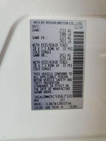 5N1AL0MM2FC506750 - 2015 INFINITI QX60 WHITE photo 13