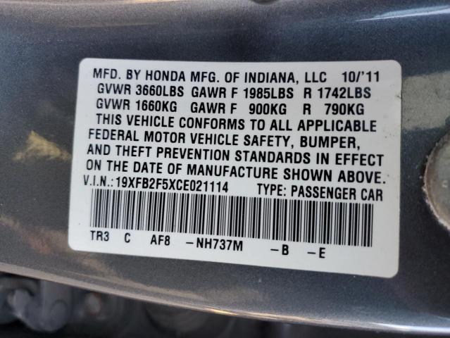 19XFB2F5XCE021114 - 2012 HONDA CIVIC LX GRAY photo 13