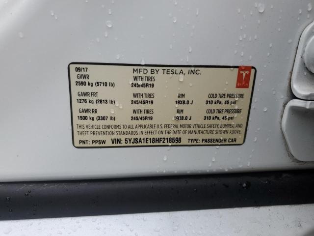 5YJSA1E18HF218598 - 2017 TESLA MODEL S WHITE photo 13