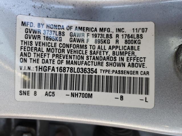 1HGFA16878L036354 - 2008 HONDA CIVIC EX SILVER photo 13