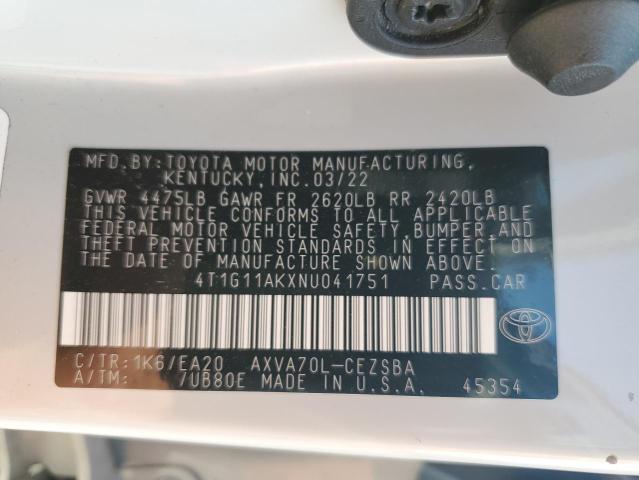 4T1G11AKXNU041751 - 2022 TOYOTA CAMRY SE WHITE photo 12