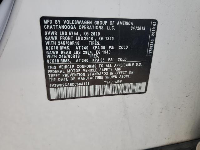 1V2WR2CA6KC564123 - 2019 VOLKSWAGEN ATLAS SE Ақ фото 12