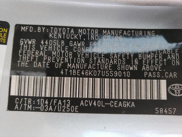 4T1BE46K07U559010 - 2007 TOYOTA CAMRY CE SILVER photo 12