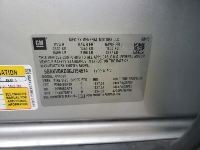 5GAKVBKD0GJ154574 - 2016 BUICK ENCLAVE SILVER photo 13