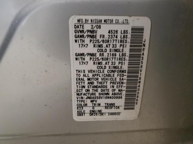 JN8AS58V18W400996 - 2008 NISSAN ROGUE S SILVER photo 14