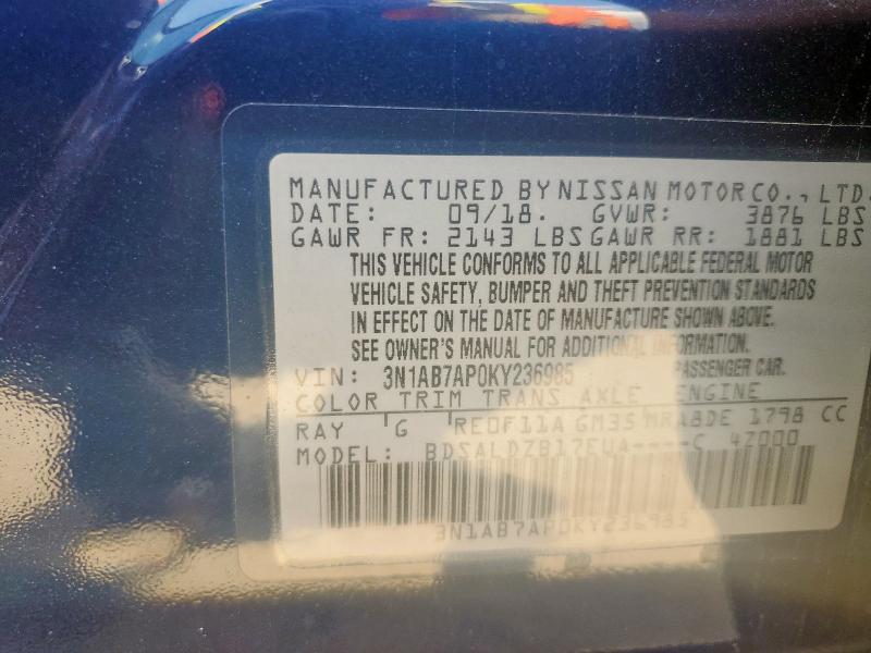 3N1AB7AP0KY236985 - 2019 NISSAN SENTRA S BLUE photo 12