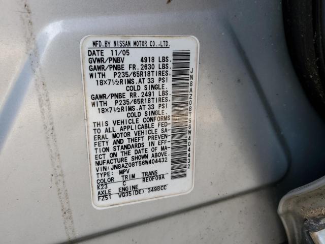 JN8AZ08T56W404432 - 2006 NISSAN MURANO SL SILVER photo 13