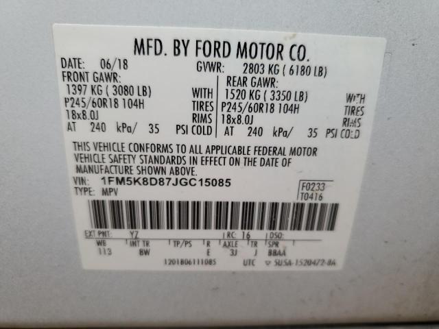 1FM5K8D87JGC15085 - 2018 FORD EXPLORER XLT Սպիտակ լուսանկար 13