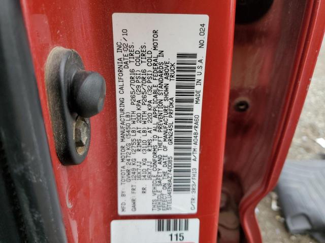 5TELU4EN8AZ740085 - 2010 TOYOTA TACOMA DOUBLE CAB RED photo 12