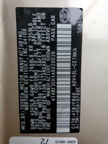 4T4BF3EK4AR020038 - 2010 TOYOTA CAMRY BASE Złoty zdjęcie 13