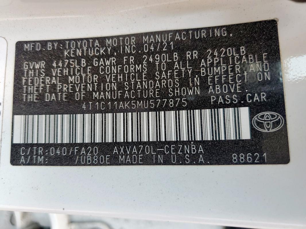 4T1C11AK5MU577875 - 2021 TOYOTA CAMRY LE WHITE photo 13