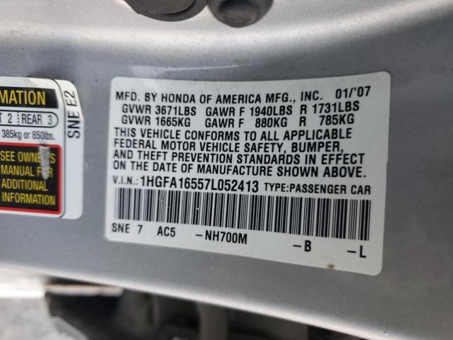 1HGFA16557L052413 - 2007 HONDA CIVIC LX 银色 照片 12