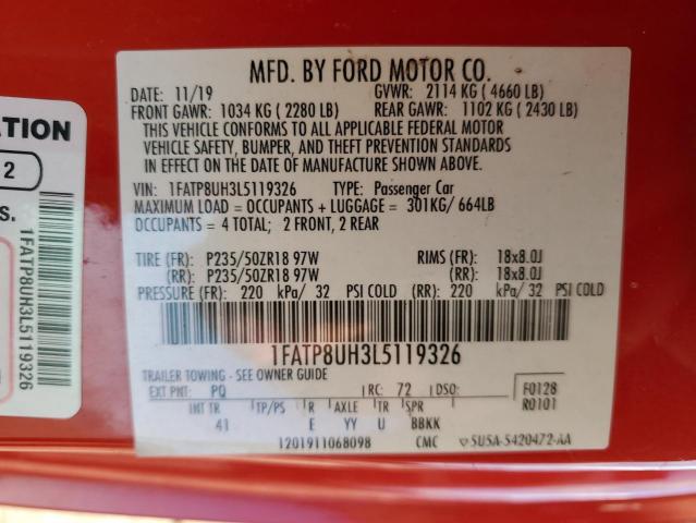 1FATP8UH3L5119326 - 2020 FORD MUSTANG RED photo 13