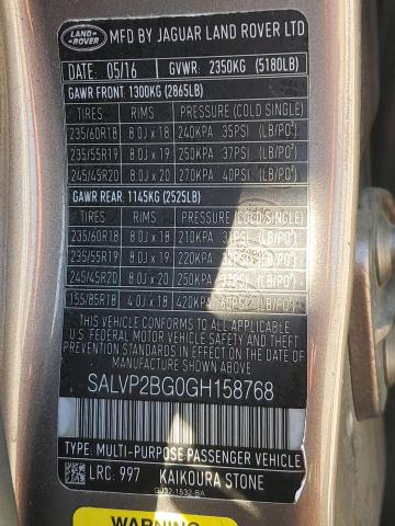 SALVP2BG0GH158768 - 2016 LAND ROVER RANGE ROVE SE BROWN photo 13