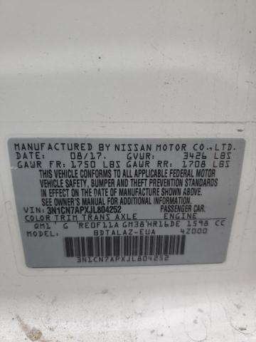 3N1CN7APXJL804252 - 2018 NISSAN VERSA S WHITE photo 12