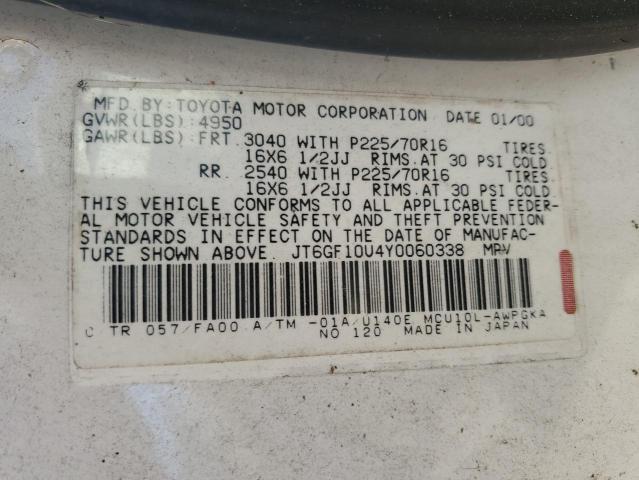 JT6GF10U4Y0060338 - 2000 LEXUS RX 300 WHITE photo 13