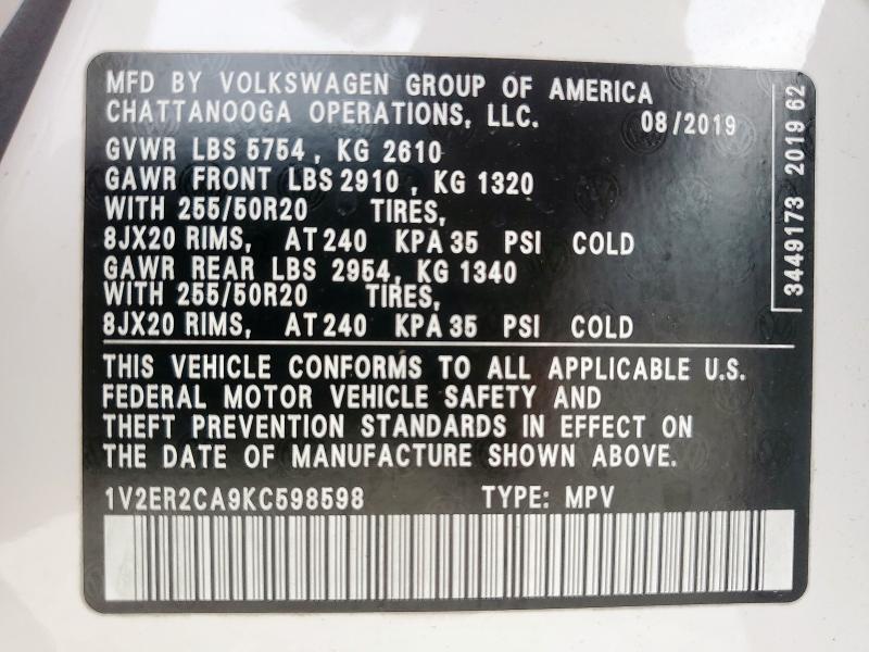 1V2ER2CA9KC598598 - 2019 VOLKSWAGEN ATLAS SEL WHITE photo 13