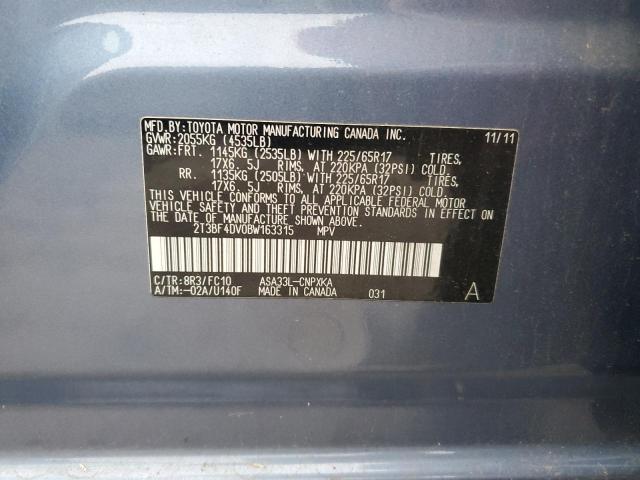 2T3BF4DV0BW163315 - 2011 TOYOTA RAV4 BLUE photo 12