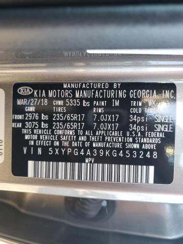 5XYPG4A39KG453248 - 2019 KIA SORENTO L GRAY photo 12