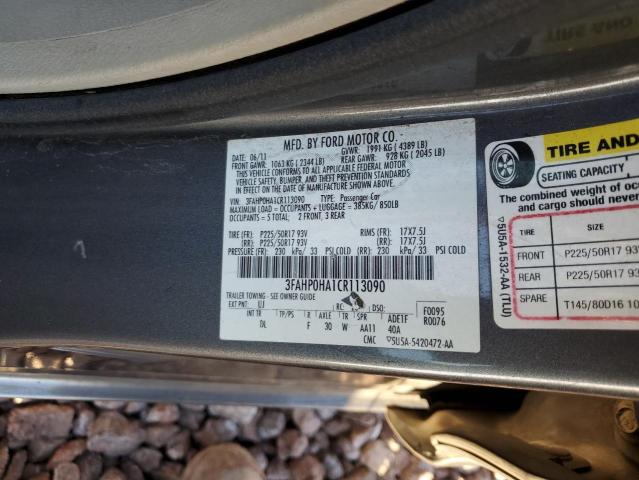 3FAHP0HA1CR113090 - 2012 FORD FUSION SE GRAY photo 12