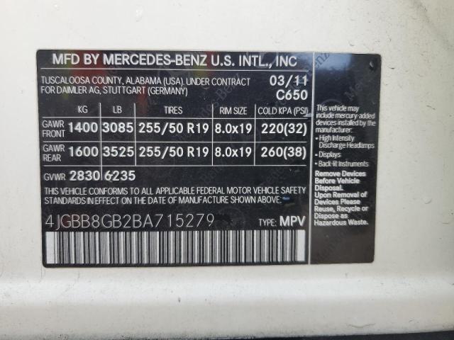 4JGBB8GB2BA715279 - 2011 MERCEDES-BENZ ML 350 4MATIC WHITE photo 14