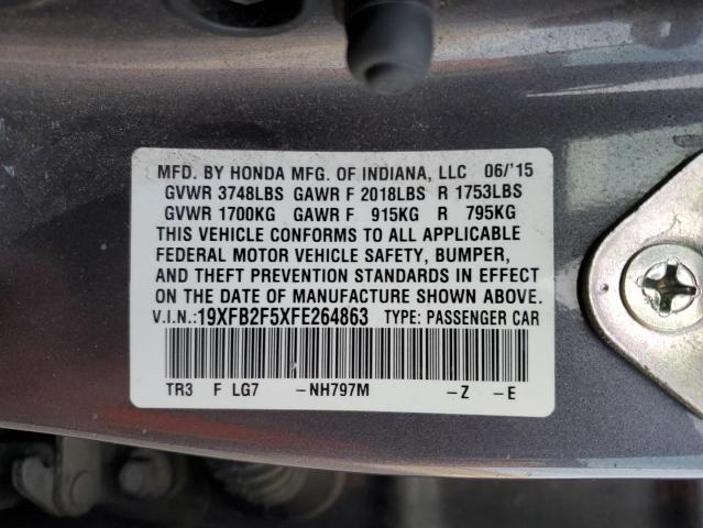 19XFB2F5XFE264863 - 2015 HONDA CIVIC LX GRAY photo 12