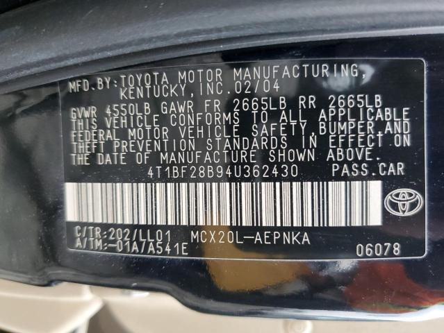 4T1BF28B94U362430 - 2004 TOYOTA AVALON XL BLACK photo 12