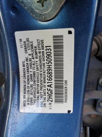 2HGFA16689H509031 - 2009 HONDA CIVIC LX-S BLUE photo 12