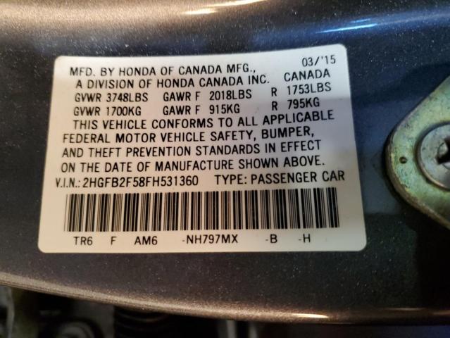 2HGFB2F58FH531360 - 2015 HONDA CIVIC LX GRAY photo 13