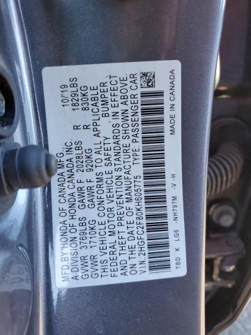 2HGFC2F80KH605775 - 2019 HONDA CIVIC SPORT 灰色 照片 12