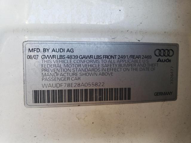 WAUDF78E28A055822 - 2008 AUDI A4 2.0T QUATTRO WHITE photo 12