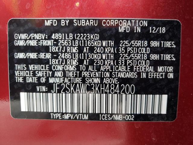 JF2SKAWC3KH484200 - 2019 SUBARU FORESTER TOURING RED photo 12