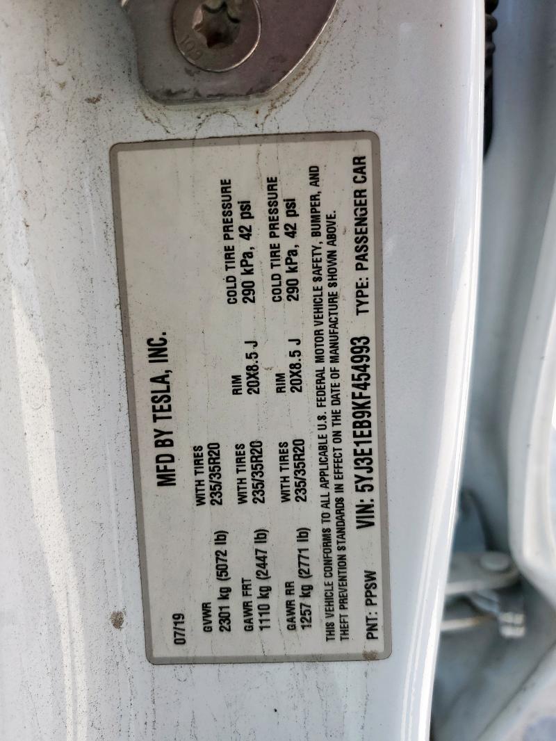 5YJ3E1EB9KF454993 - 2019 TESLA MODEL 3 Blanc photo 12