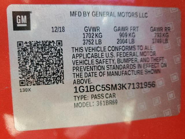 1G1BC5SM3K7131956 - 2019 CHEVROLET CRUZE LS Rouge photo 13