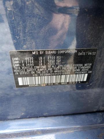 4S3BWAD64N3019989 - 2022 SUBARU LEGACY PREMIUM BLUE photo 13