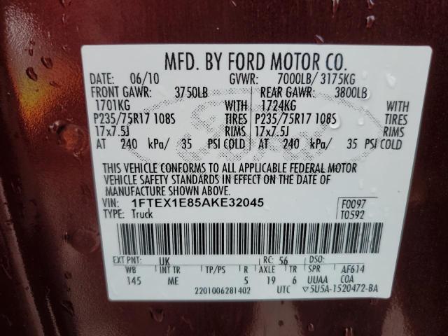 1FTEX1E85AKE32045 - 2010 FORD F150 SUPER CAB BURGUNDY photo 12