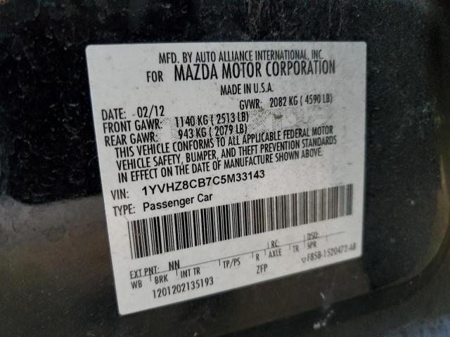 1YVHZ8CB7C5M33143 - 2012 MAZDA 6 S BLACK photo 12