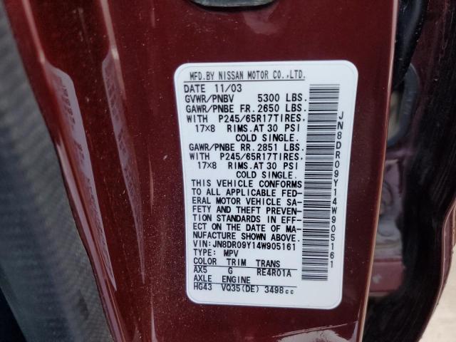 JN8DR09Y14W905161 - 2004 NISSAN PATHFINDER LE BURGUNDY photo 13