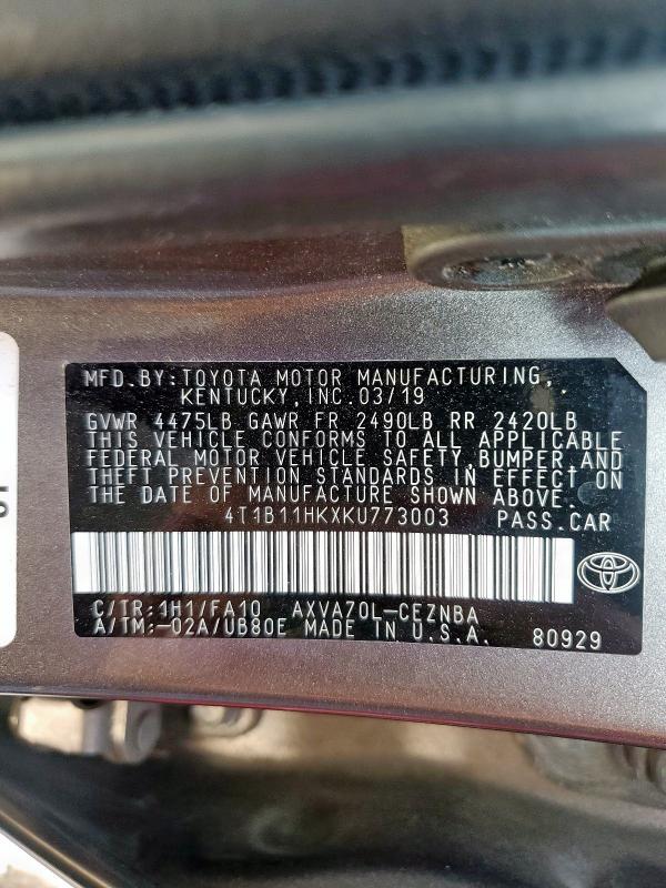 4T1B11HKXKU773003 - 2019 TOYOTA CAMRY L ნაცრისფერი ფოტო 13