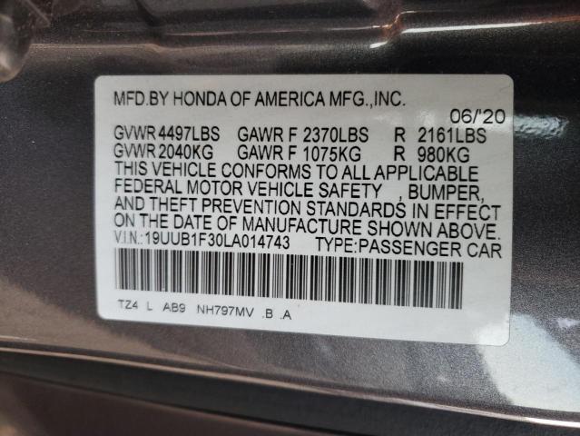 19UUB1F30LA014743 - 2020 ACURA TLX GRAY photo 12