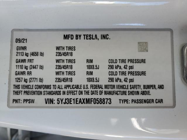 5YJ3E1EAXMF058873 - 2021 TESLA MODEL 3 Ağ foto 13
