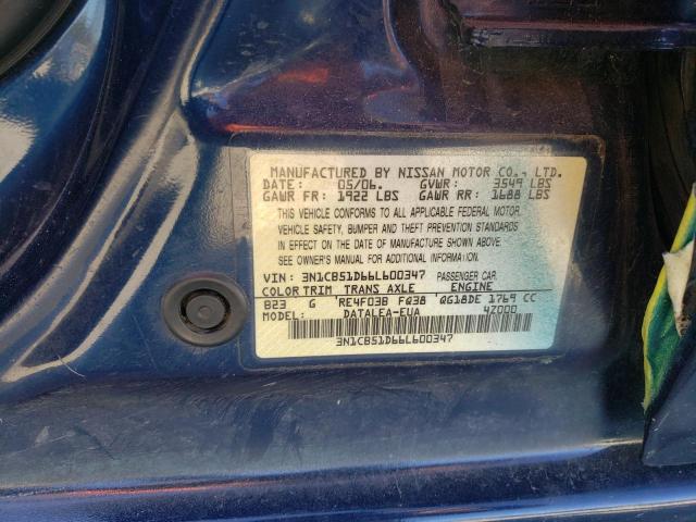 3N1CB51D66L600347 - 2006 NISSAN SENTRA 1.8 BLUE photo 12