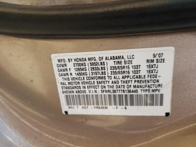 5FNRL38777B136445 - 2007 HONDA ODYSSEY EXL TAN photo 13
