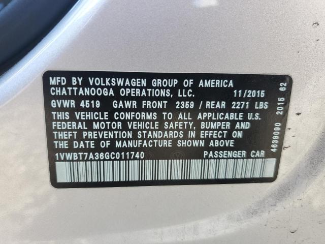 1VWBT7A36GC011740 - 2016 VOLKSWAGEN PASSAT SE SILVER photo 12
