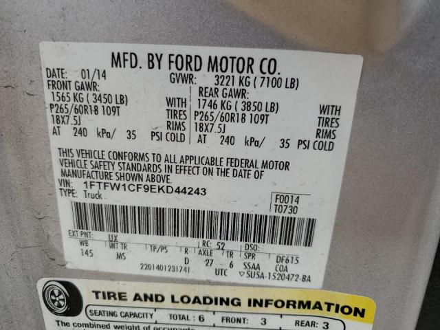 1FTFW1CF9EKD44243 - 2014 FORD F150 SUPERCREW SILVER photo 12