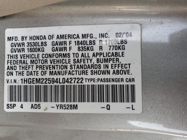 1HGEM22594L042722 - 2004 HONDA CIVIC LX GRAY photo 12