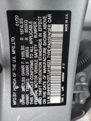 SHHFK7H37LU414523 - 2020 HONDA CIVIC LX SILVER photo 12