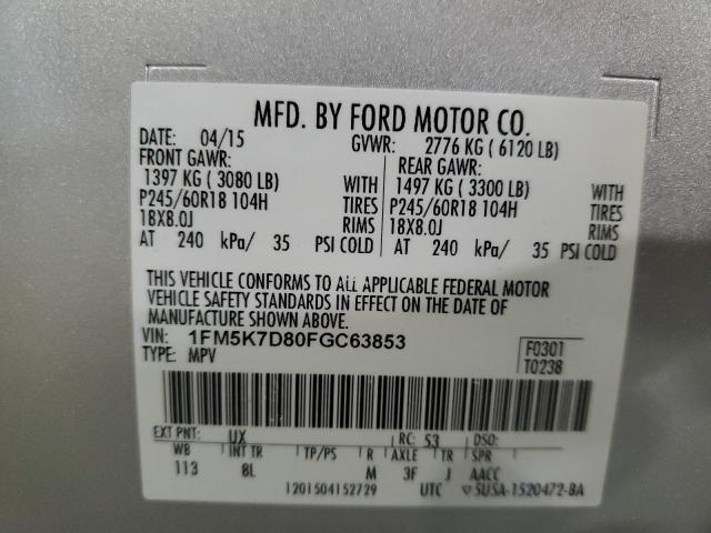 1FM5K7D80FGC63853 - 2015 FORD EXPLORER XLT SILVER photo 13